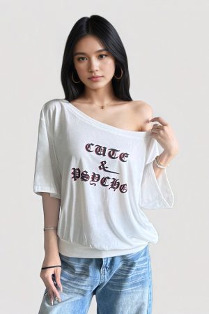 Minimalist White Letter Printed Off-Shoulder Short Sleeve T-Shirt - Versatile Loose-Fit Top for Women - Y2K American Style