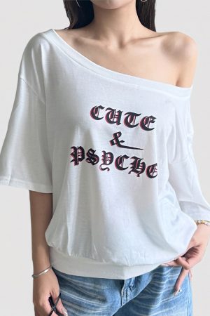 Minimalist White Letter Printed Off-Shoulder Short Sleeve T-Shirt - Versatile Loose-Fit Top for Women - Y2K American Style