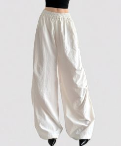 Minimalist White Loose Straight Casual Pants for Summer - Thin Elastic Waist, Versatile Wide-Leg Design, Slimming Fit
