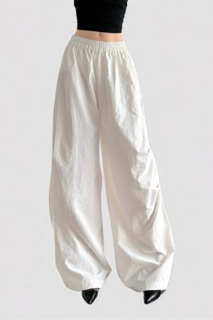 Minimalist White Loose Straight Casual Pants for Summer - Thin Elastic Waist, Versatile Wide-Leg Design, Slimming Fit