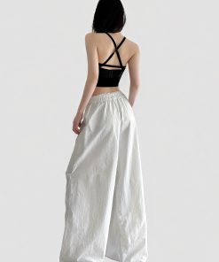 Minimalist White Loose Straight Casual Pants for Summer - Thin Elastic Waist, Versatile Wide-Leg Design, Slimming Fit