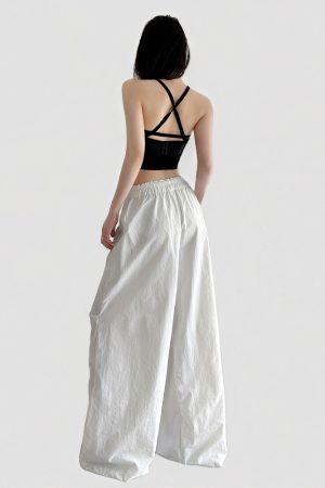 Minimalist White Loose Straight Casual Pants for Summer - Thin Elastic Waist, Versatile Wide-Leg Design, Slimming Fit