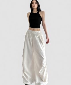 Minimalist White Loose Straight Casual Pants for Summer - Thin Elastic Waist, Versatile Wide-Leg Design, Slimming Fit
