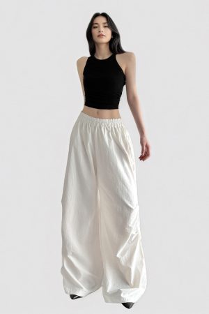 Minimalist White Loose Straight Casual Pants for Summer - Thin Elastic Waist, Versatile Wide-Leg Design, Slimming Fit