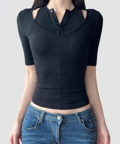 Minimalist White V-Neck Sleeveless Vest with Black Waist-Cinching Two-Piece Top - American Style Fashion for Chic Outfits