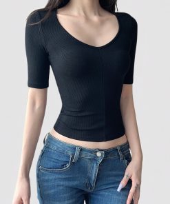 Minimalist White V-Neck Sleeveless Vest with Black Waist-Cinching Two-Piece Top - American Style Fashion for Chic Outfits