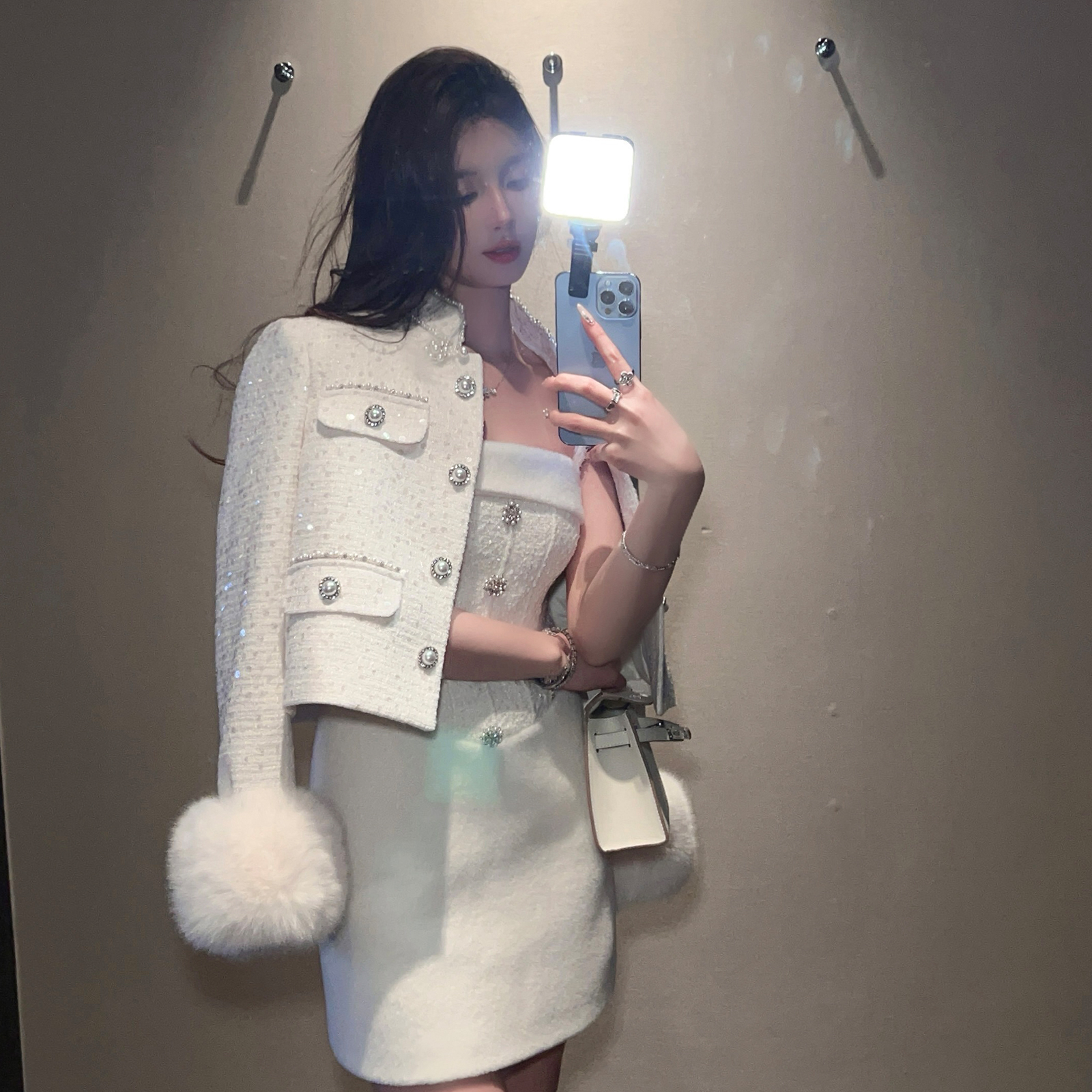 Mink Velvet White Woolen Suspender Dress for Autumn Winter - Heavy-Duty Fitted Short Skirt, Cozy Layering Essential Mink Velvet White Woolen Suspender Dress for Autumn Winter - Heavy-Duty Fitted Short Skirt, Cozy Layering Essential