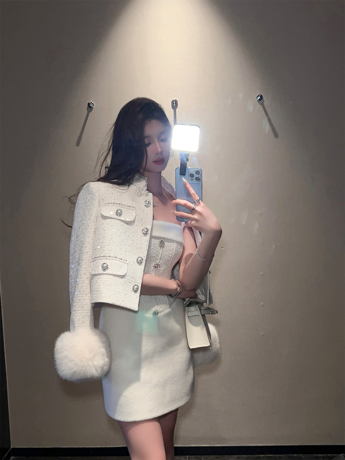 Mink Velvet White Woolen Suspender Dress for Autumn Winter - Heavy-Duty Fitted Short Skirt, Cozy Layering Essential Mink Velvet White Woolen Suspender Dress for Autumn Winter - Heavy-Duty Fitted Short Skirt, Cozy Layering Essential