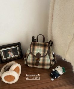 Mint Coffee Plaid Women's Retro Wool Double Shoulder Backpack - Korean Style Autumn Winter Fashion