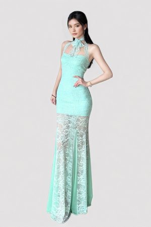 Mint Green Halter Lace Dress - Vacation Style Slim Fit Low-Cut Mermaid Dress for Women - Summer Fashion, Trendy & Chic
