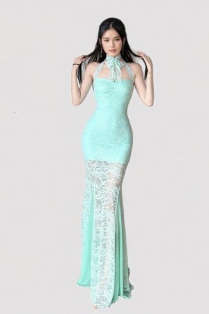 Mint Green Halter Lace Dress - Vacation Style Slim Fit Low-Cut Mermaid Dress for Women - Summer Fashion, Trendy & Chic