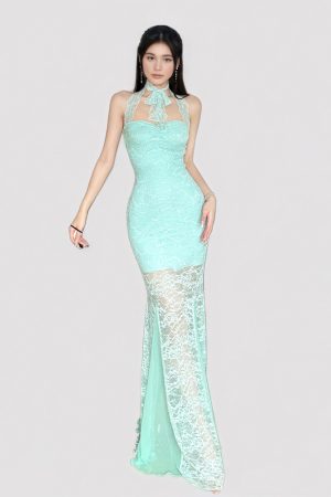 Mint Green Halter Lace Dress - Vacation Style Slim Fit Low-Cut Mermaid Dress for Women - Summer Fashion, Trendy & Chic