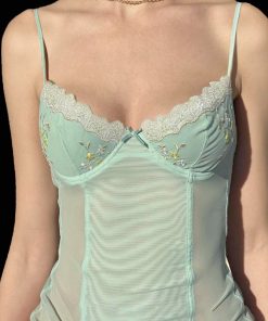Mint Green Lace Spliced Camisole Top - French Romantic Sheer Vacation Style with Bust Shape, Perfect for 90s and Y2K Fashion Lovers
