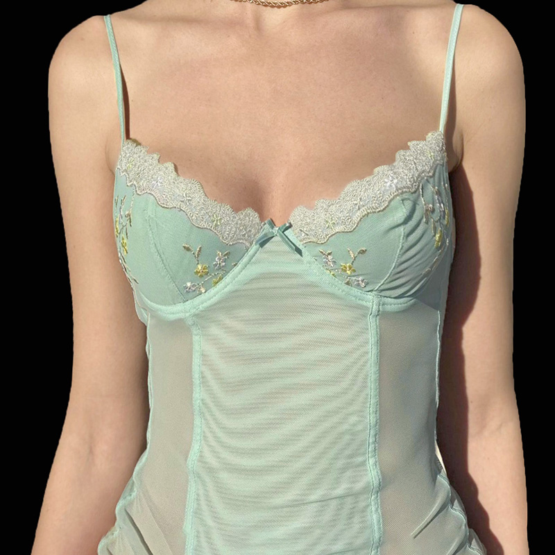 Mint Green Lace Spliced Camisole Top - French Romantic Sheer Vacation Style with Bust Shape, Perfect for 90s and Y2K Fashion Lovers Mint Green Lace Spliced Camisole Top - French Romantic Sheer Vacation Style with Bust Shape, Perfect for 90s and Y2K Fashion Lovers