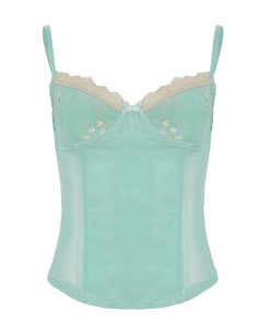 Mint Green Lace Spliced Camisole Top - French Romantic Sheer Vacation Style with Bust Shape, Perfect for 90s and Y2K Fashion Lovers