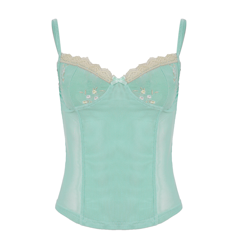 Mint Green Lace Spliced Camisole Top - French Romantic Sheer Vacation Style with Bust Shape, Perfect for 90s and Y2K Fashion Lovers Mint Green Lace Spliced Camisole Top - French Romantic Sheer Vacation Style with Bust Shape, Perfect for 90s and Y2K Fashion Lovers