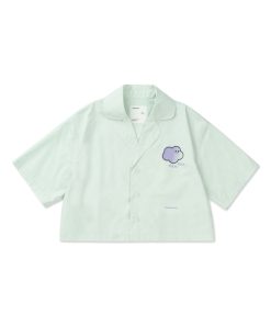 Mint Green Women's Short Sleeve Shirt with Petal Collar - Roaring Beast Design, Trendy 90s Style Top