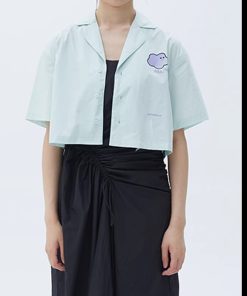 Mint Green Women's Short Sleeve Shirt with Petal Collar - Roaring Beast Design, Trendy 90s Style Top