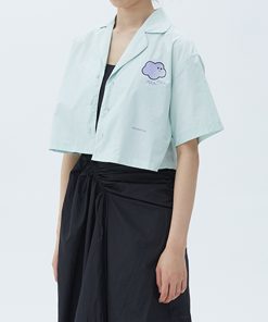 Mint Green Women's Short Sleeve Shirt with Petal Collar - Roaring Beast Design, Trendy 90s Style Top