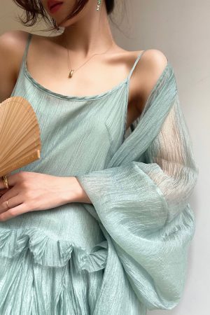 Mint Honeydew Beach Vacation Maxi Dress with Loose Lightweight Sun Protection Sleeves - Summer 2025, Boho Chic, Vacation Style