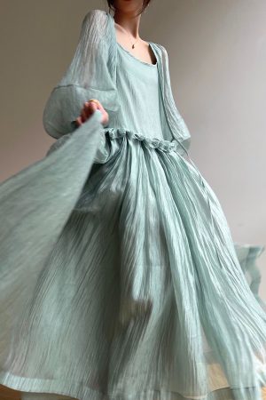 Mint Honeydew Beach Vacation Maxi Dress with Loose Lightweight Sun Protection Sleeves - Summer 2025, Boho Chic, Vacation Style
