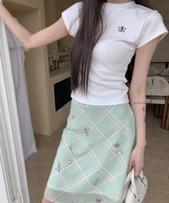 Mint Plaid A-Line Skirt - Thin Summer Dress 2025, Retro Style for Hot Girls, Perfect for 90s and Y2K Fashion Trends