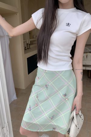 Mint Plaid A-Line Skirt - Thin Summer Dress 2025, Retro Style for Hot Girls, Perfect for 90s and Y2K Fashion Trends