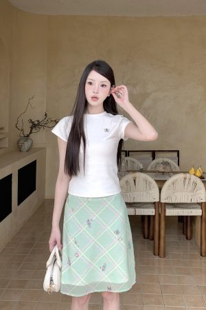 Mint Plaid A-Line Skirt - Thin Summer Dress 2025, Retro Style for Hot Girls, Perfect for 90s and Y2K Fashion Trends