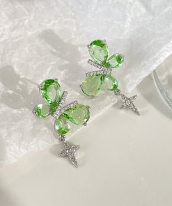 Mint Zircon Butterfly Stud Earrings - Elegant Niche Design, Versatile Fresh High-End Jewelry for Stylish Outfits