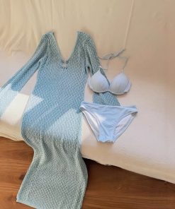 Misty Blue Underwire Bikini Cover-Up - Sexy Vacation Beach Style with Small Bust Gathering - European and American Fashion