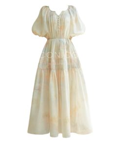 Misty Dawn French Oil Painting Print Relaxed Maxi Dress for Beach Vacation, Loose Slimming Style, Perfect for Summer 2025