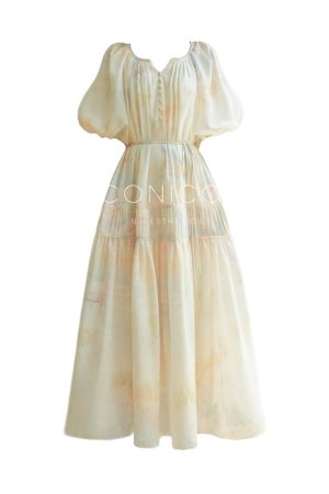 Misty Dawn French Oil Painting Print Relaxed Maxi Dress for Beach Vacation, Loose Slimming Style, Perfect for Summer 2025
