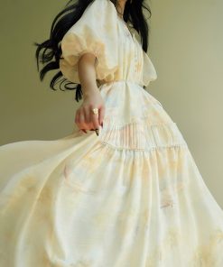 Misty Dawn French Oil Painting Print Relaxed Maxi Dress for Beach Vacation, Loose Slimming Style, Perfect for Summer 2025