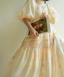 Misty Dawn French Oil Painting Print Relaxed Maxi Dress for Beach Vacation, Loose Slimming Style, Perfect for Summer 2025