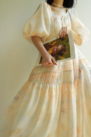 Misty Dawn French Oil Painting Print Relaxed Maxi Dress for Beach Vacation, Loose Slimming Style, Perfect for Summer 2025