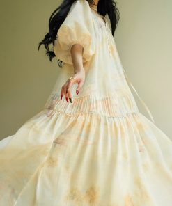 Misty Dawn French Oil Painting Print Relaxed Maxi Dress for Beach Vacation, Loose Slimming Style, Perfect for Summer 2025