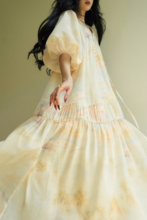 Misty Dawn French Oil Painting Print Relaxed Maxi Dress for Beach Vacation, Loose Slimming Style, Perfect for Summer 2025