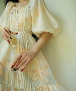 Misty Dawn French Oil Painting Print Relaxed Maxi Dress for Beach Vacation, Loose Slimming Style, Perfect for Summer 2025