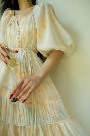 Misty Dawn French Oil Painting Print Relaxed Maxi Dress for Beach Vacation, Loose Slimming Style, Perfect for Summer 2025