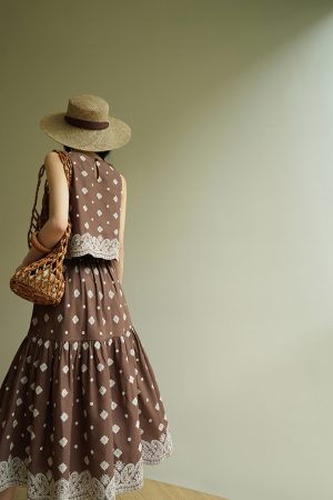 Mocha Cocoa Vintage Heavy Embroidery Ramie Sleeveless Set Skirt - Elegant French Style, Chic High-End Fashion