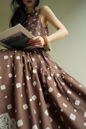 Mocha Cocoa Vintage Heavy Embroidery Ramie Sleeveless Set Skirt - Elegant French Style, Chic High-End Fashion