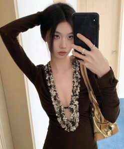 Modern Patchwork Sequin Fitted T-Shirt for Autumn Winter - Trendy Heavy Top, Stylish Small Size, Perfect for 90s Y2K Fashion