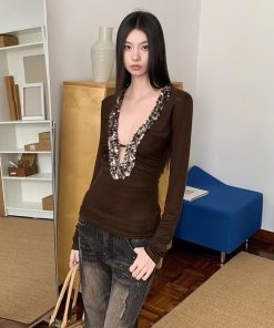 Modern Patchwork Sequin Fitted T-Shirt for Autumn Winter - Trendy Heavy Top, Stylish Small Size, Perfect for 90s Y2K Fashion