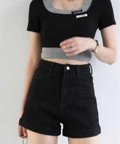 Modest Fits Casual, College Fits Aesthetic - Grunge Black Jean Shorts