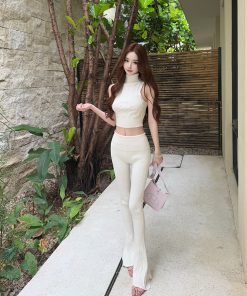 Moon Vera Swan Curve Sleeveless T-Shirt and Casual Long Pants Set - Women's Summer Two-Piece Outfit, Y2K Style, Trendy and Comfortable