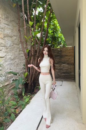 Moon Vera Swan Curve Sleeveless T-Shirt and Casual Long Pants Set - Women's Summer Two-Piece Outfit, Y2K Style, Trendy and Comfortable