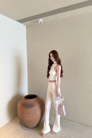 Moon Vera Swan Curve Sleeveless T-Shirt and Casual Long Pants Set - Women's Summer Two-Piece Outfit, Y2K Style, Trendy and Comfortable