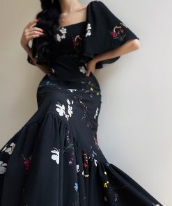 Moonlit Evening Floral Lace Printed Mermaid Dress - Slimming Vintage Black Commuter Style