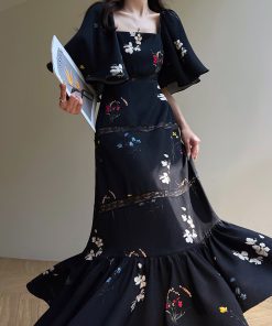 Moonlit Evening Floral Lace Printed Mermaid Dress - Slimming Vintage Black Commuter Style