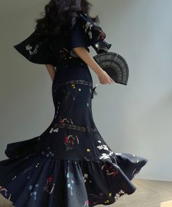 Moonlit Evening Floral Lace Printed Mermaid Dress - Slimming Vintage Black Commuter Style